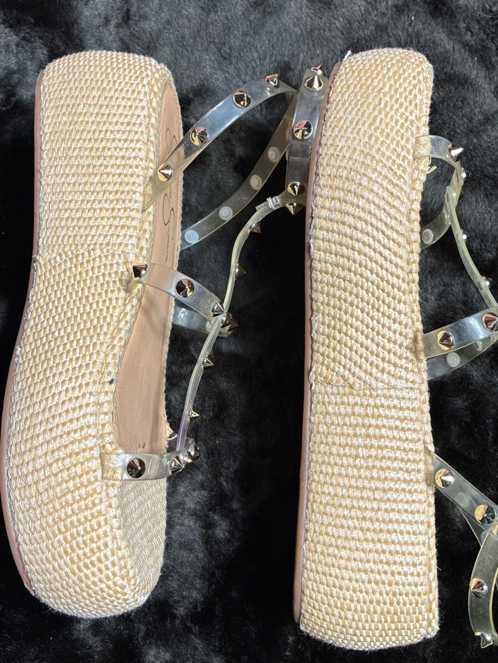 Jessica Simpson Clear Studded Platform Sandal in Beige Woven